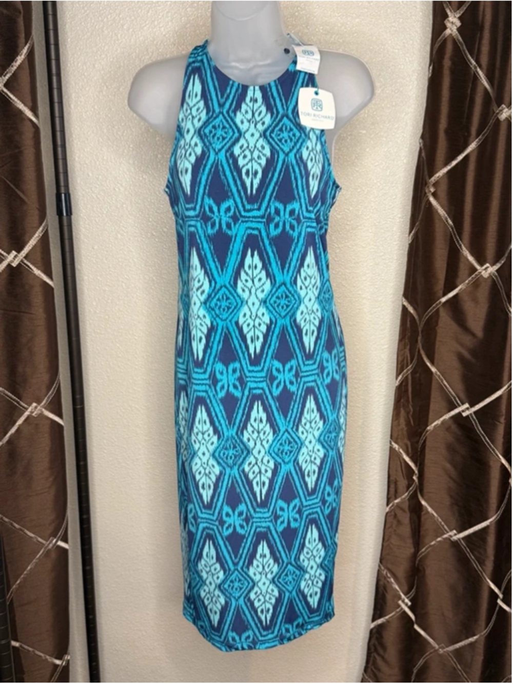 NWT Tori Richard Hawaii Blue Ikat Sleeveless Sheath Dress Women's XS Made in USA